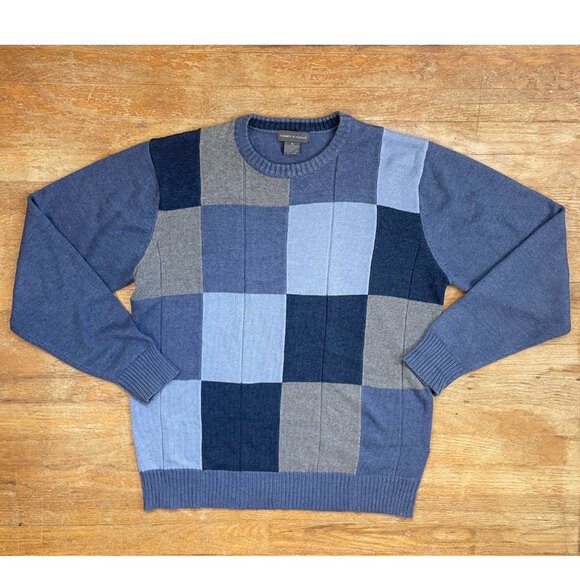Vintage Mens Plaid Sweater Size L/XL 1990s Blue/Gray Cotton Blend Knit Crew Neck - Picture 1 of 3